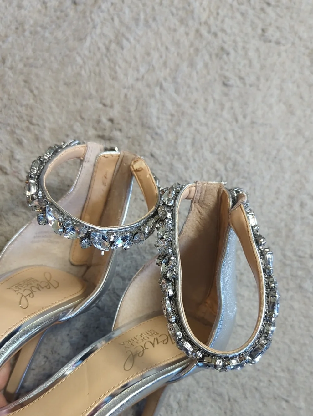 Jewel Badgley Mischka Size 7.5 Silver Rhinestone Strappy Stiletto Heel